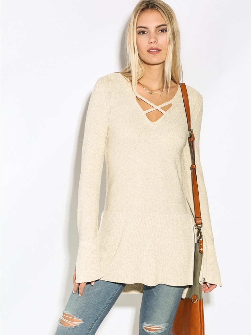 Free People Crisscross V-Neck Long Sleeve Knit Tunic Ivory Size Small - Picture 4 of 4